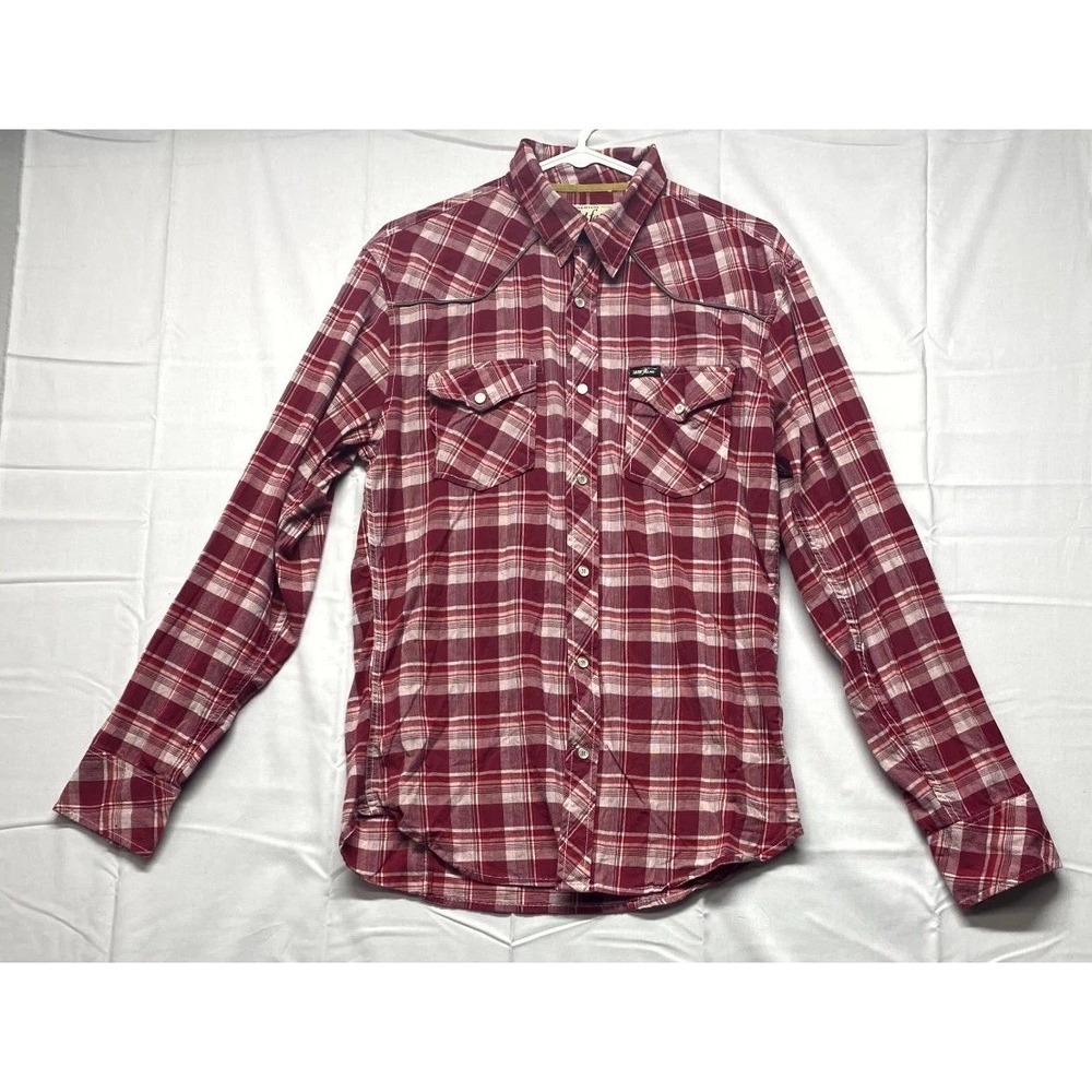 Tankfarm Western Shirt Mens Medium Maroon White Plaid Cotton Pearl Snap Cowboy